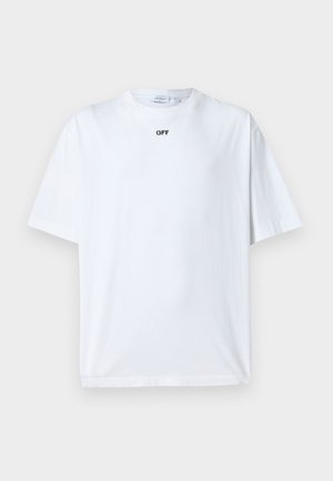 Λευκό κοντομάνικο T-shirt με μικρό μαύρο κείμενο "OFF" στο κέντρο κοντά στη λαιμόκοψη, πάνω σε μονόχρωμο φόντο.