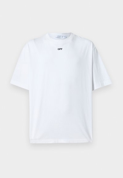 Λευκό κοντομάνικο T-shirt με μικρό μαύρο κείμενο "OFF" στο κέντρο κοντά στη λαιμόκοψη, πάνω σε μονόχρωμο φόντο.