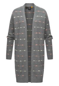 Cardigan grigio lavorato a maglia con apertura frontale, caratterizzato da strisce orizzontali variabili in rosa tenue, crema e verde, maniche lunghe e polsini a coste.
