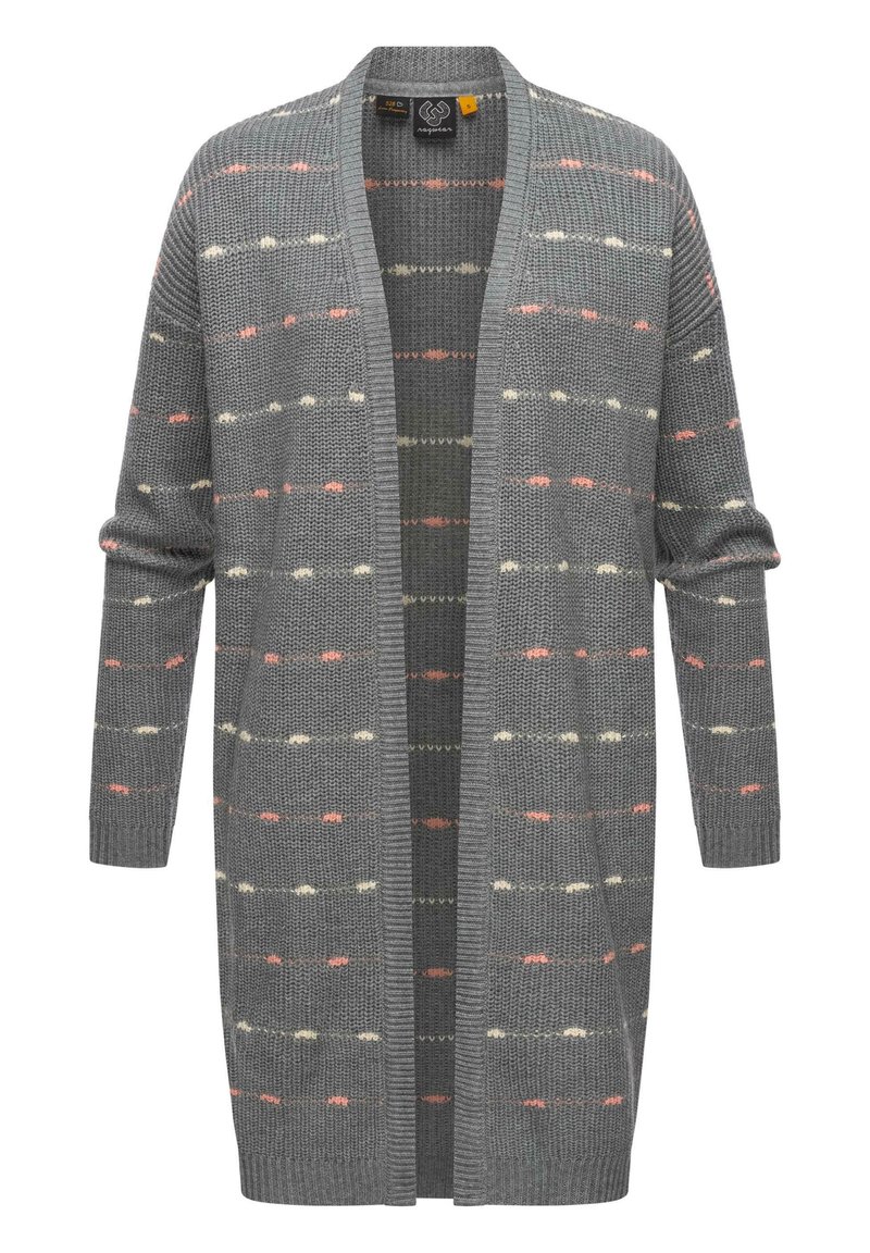 Cardigan grigio lavorato a maglia con apertura frontale, caratterizzato da strisce orizzontali variabili in rosa tenue, crema e verde, maniche lunghe e polsini a coste.
