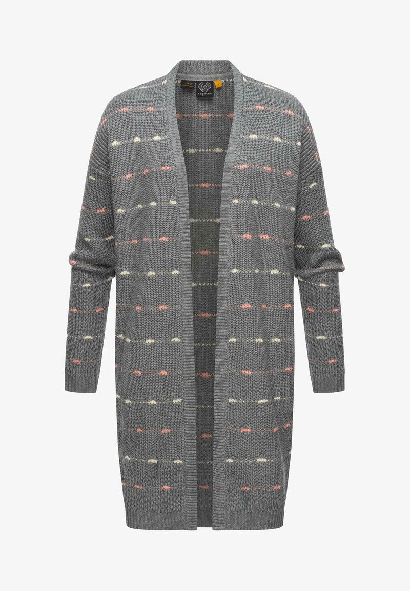 Pelēks adīts kardigans ar atvērtu priekšpusi, kura dizainā ir dažādi horizontāli svītri, mīkstā rozā, krēmkrāsas un zaļā krāsā, garām piedurknēm un ribotām aprocēm.