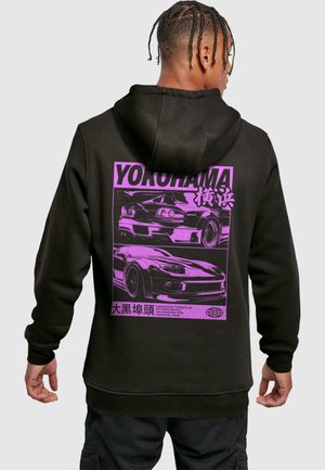 Black hoodie featuring a large purple graphic of racing cars and Japanese text on the back. Material appears soft with a relaxed fit.