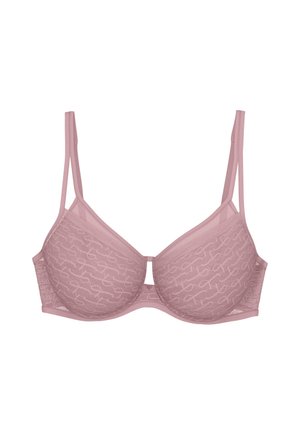 Licht mauve ondergoed beha met verstelbare bandjes en doorschijnende kant cups met een subtiel zwierend patroon en een centraal uitgesneden detail.