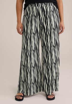 Light fabric, wide-leg pants with a black and pale green striped pattern. Features an elastic waistband and side pockets.