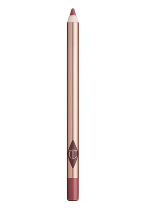 Lip liner pencil in rose gold casing, featuring a pointed tip and a darker reddish hue at the base, with a diamond logo design.
