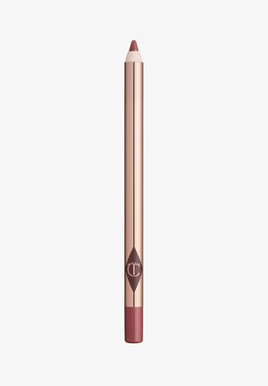 Matita per labbra in un elegante astuccio oro rosa, dotata di una punta appuntita e di una tonalità rossa più scura alla base, con un design a logo a forma di diamante.