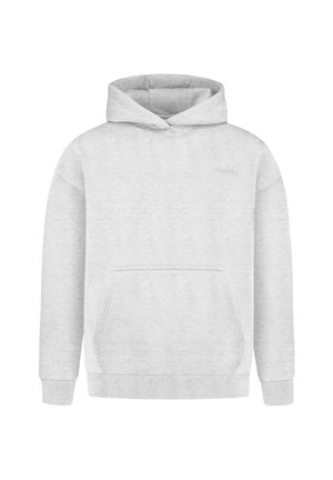 Lichtgrijze pullover hoodie met een voorzak, geribbelde manchetten en zoom, en een capuchon zonder trekkoorden.