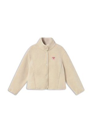 Beige fleece jacket with high collar, snap button closure, long sleeves, and small red rectangular logo on left chest.