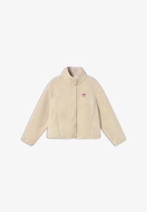 Beige fleece jacket with high collar, snap button closure, long sleeves, and small red rectangular logo on left chest.
