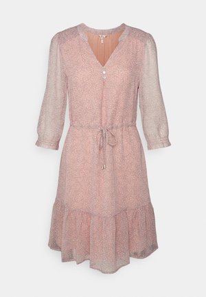 Pink floral sundress with three-quarter sheer sleeves, tie waist, and ruffled hem. Button front and delicate patterns throughout.