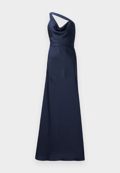 Tumed satin õhtu kleit ühe õlaga disainiga, vöökoha kaelus ja voolav, põrandani ulatuv siluett. Sile tekstuur ja elegantne lihtsus.