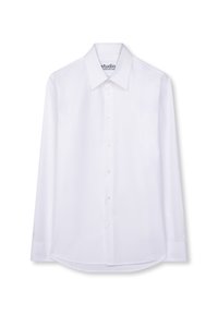 Chemise blanche à manches longues avec col pointu, présentée à plat sur un fond blanc.
