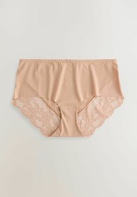 Ljusrosa spets hipsterunderkläder med scalloped kanter och en slät framtavla med en liten rosett. Mjuk, stretchig tyg.