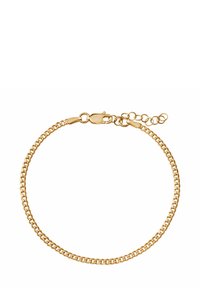 Złota bransoletka łańcuszkowa z płaskim wzorem, gładką fakturą i zapięciem z łańcuszkiem wydłużającym umożliwiającym regulację długości.