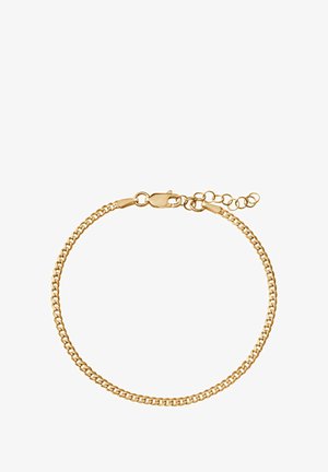 Złota bransoletka łańcuszkowa z płaskim wzorem, gładką fakturą i zapięciem z łańcuszkiem wydłużającym umożliwiającym regulację długości.