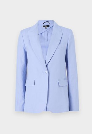 Light blue blazer made of smooth fabric, featuring a single button, notched lapels, and two front pockets with a tailored shape.