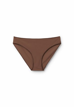 Hnědé bikini spodní díl vyrobený z hladkého materiálu. Nabízí střední zakrytí, zakřivené výkroje na nohách a tenké švy podél okrajů.
