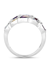 Sterling zilveren ring met een multifacetten ontwerp, versierd met paarse en gele edelstenen, een gladde band en gestructureerde accenten aan de bovenkant.