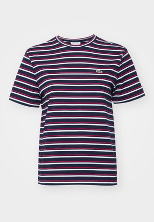 Navy blue short-sleeve T-shirt featuring thin horizontal stripes in red and white, with a small green Lacoste logo on the chest area.