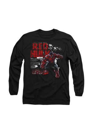 Black long-sleeve shirt featuring a large red graphic of Red Hulk, with white text and comic-style illustrations in the background.