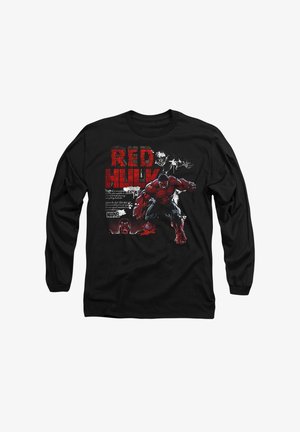 Black long-sleeve shirt featuring a large red graphic of Red Hulk, with white text and comic-style illustrations in the background.