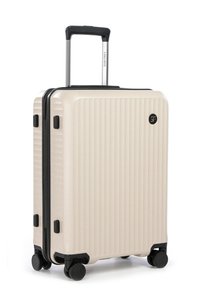 Valigia rigida beige con righe verticali, zip nera e dettagli neri, manico retrattile e quattro ruote per la mobilità.