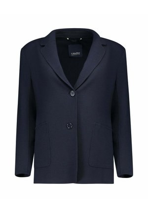 Donkerblauwe damesblazer met twee knopen aan de voorkant, reverskraag en twee opgestikte zakken, weergegeven tegen een witte achtergrond.