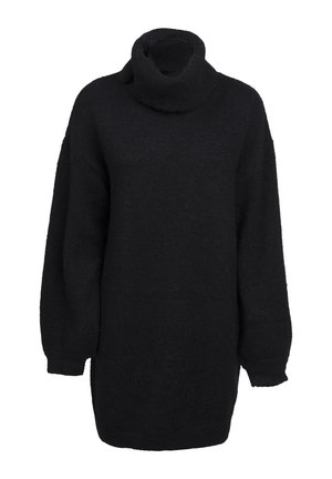 Schwarzer, übergroßer Rollkragenpullover mit langen Ärmeln, gestrickter Textur und lockerer Passform. Keine sichtbaren Muster oder Beschläge.
