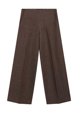 Hnědé široké kalhoty s vysokým pasem a bočními kapsami, vyrobené z texturované tkaniny.