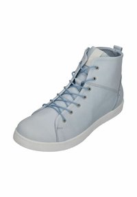 Light blue high-top sneaker made of soft material, featuring white rubber sole, blue laces, and silver eyelets. Seamless design with minimal accents.