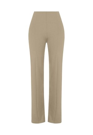 Pantalones de talle alto beige con un diseño de pierna recta, confeccionados en una tela suave, que presentan líneas limpias y un estilo minimalista.