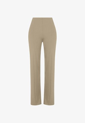 Pantalones de talle alto beige con un diseño de pierna recta, confeccionados en una tela suave, que presentan líneas limpias y un estilo minimalista.