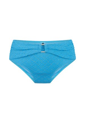Costume da bagno a vita alta di un brillante blu con un motivo a zigzag testurizzato, caratterizzato da fianchi arricciati e un accento decorativo dorato sul davanti.