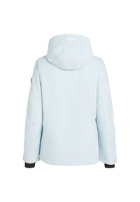 Lichtblauwe, geïsoleerde jas met een afneembare capuchon. Voorzien van zwarte accenten aan de manchetten, met een zachte textuur en een minimalistischer ontwerp.