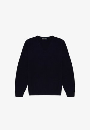 Maglione blu navy a scollo a V realizzato in tessuto morbido. Presenta maniche lunghe e polsini e orlo a costine, con una vestibilità classica e rilassata.