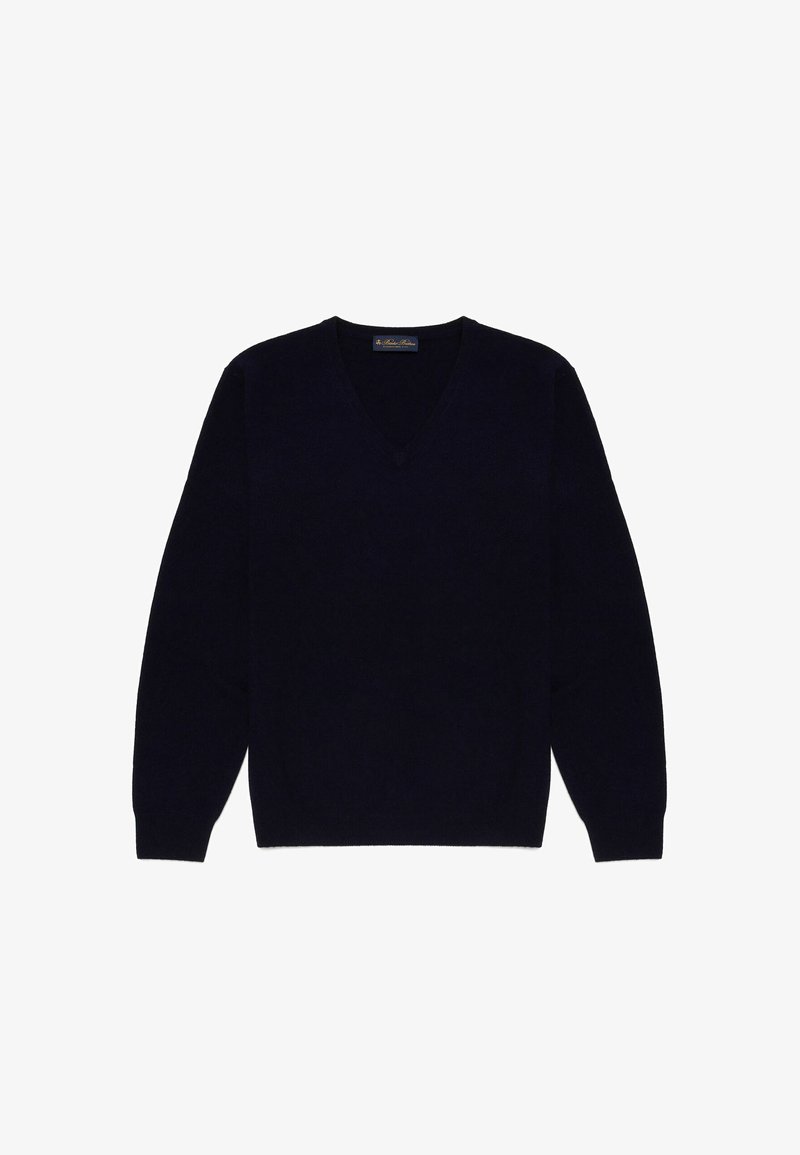 Kaiserblauer V-Ausschnitt-Pullover aus weichem Stoff. Verfügt über lange Ärmel sowie gerippte Bündchen und Saum, mit einem klassischen, lockeren Schnitt.