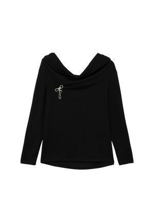 Schwarzes Langarmshirt mit einem drapierten Wasserfallausschnitt, versehen mit einer kleinen Schleife aus Strasssteinen vorne links. Weiche Textur.