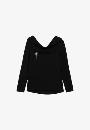 Schwarzes Langarmshirt mit einem drapierten Wasserfallausschnitt, versehen mit einer kleinen Schleife aus Strasssteinen vorne links. Weiche Textur.