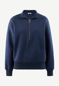 Felpa a collo alto blu navy realizzata in tessuto morbido, con colletto a mezza zip e polsini a costine per una vestibilità comoda.