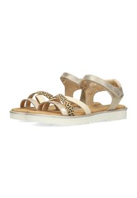 Sandali dorati e beige con pannello in stampa leopardata, multiple cinghie incrociate, soletta imbottita e suola texture.