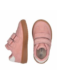 Scarpe per bambini in suede rosa con doppio cinturino in Velcro, suola in gomma e dettagli bianchi sul tallone. Taglia contrassegnata come 20.