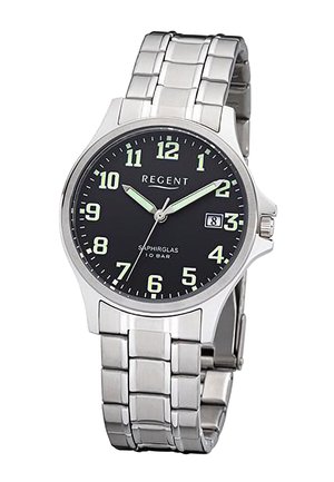 Silver metal wristwatch with black dial, luminous white numbers and hands, date window at 3 o'clock, and second hand showing 35 seconds.