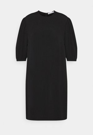 Schwarzes Kleid mit kurzen, gepufften Ärmeln, rundem Halsauschnitt und gerader Silhouette. Hergestellt aus strukturiertem Stoff mit einem dezenten Reißverschluss auf der Rückseite.