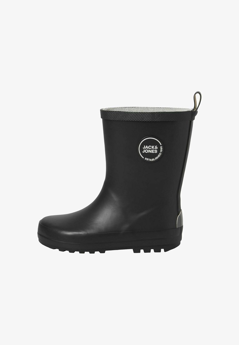 Botas de lluvia de goma negras con parte superior texturizada, punta redondeada y un parche de logo plateado. Incluyen una suela antideslizante y una lengüeta en bucle.