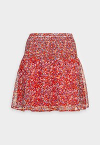 Červená sukně s květinovým potiskem, která má smockovaný pas, vrstvený design a lehkou látku. Obsahuje malé multicolor květiny po celém povrchu.