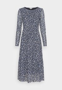 Sukienka z długim rękawem, sięgająca do kolan, w granatowym kolorze z rozproszonym białym i taupe wzorem. Posiada okrągły dekolt oraz falbaniaste wykończenie spódnicy.