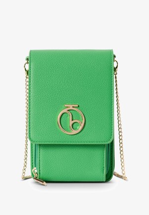 Grüne strukturierte Leder-Crossbody-Tasche mit goldfarbigem Logoakzent, Klappenverschluss und Kettenriemen. Verfügt über ein Reißverschlussfach.