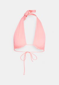 Top de biquíni rosa com design de pescoço halter e nó nos ombros. Apresenta fechamento ajustável com laço nas costas, textura de tecido suave.