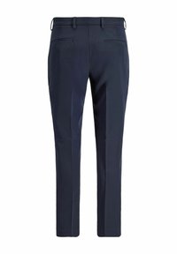 Σκούρο μπλε, προσαρμοσμένο παντελόνι με ζώνη και δύο πίσω πλαϊνές τσέπες, εμφανιζόμενο από πίσω σε λευκό φόντο.