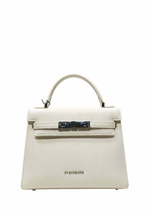 Sac à main en cuir blanc texturé avec poignée supérieure et fermeture à boucle argentée, forme rectangulaire, petit logo de la marque centré près de la base.